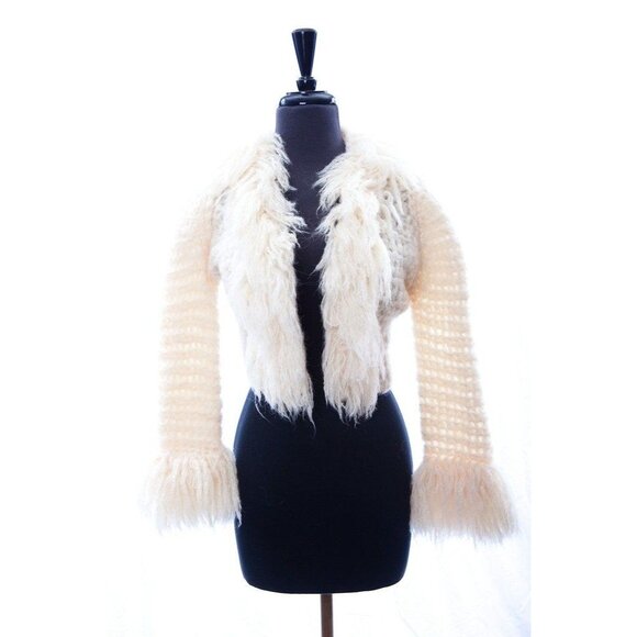 Vintage 1978 Handmade Natural Wool Crocheted Jacket Made In France Fringe XS - Picture 1 of 10